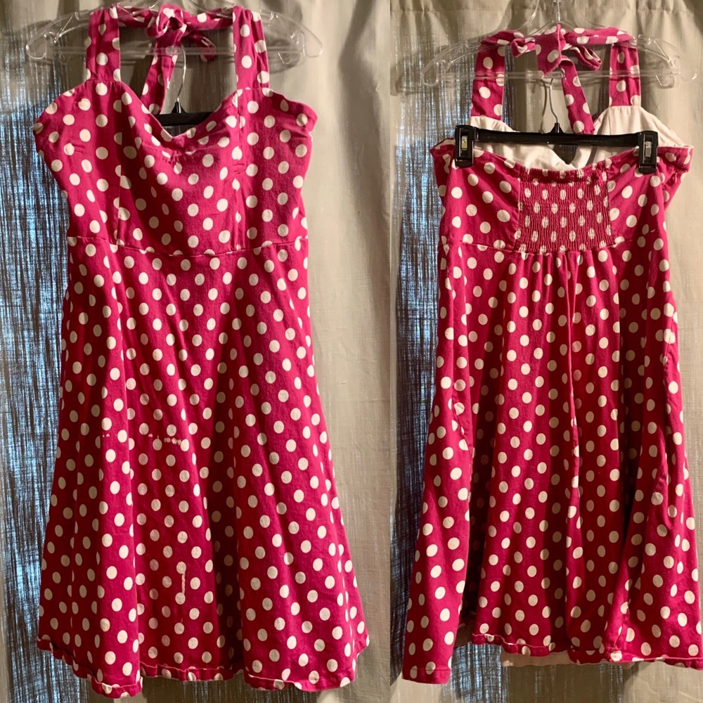 Pink with white polka dot halter pinup swing dress